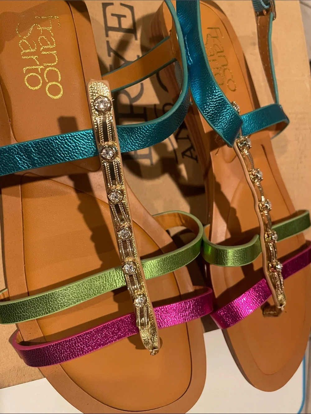 Franco Sarto Teal, Green & Magenta Jewel T-Strap Sandals